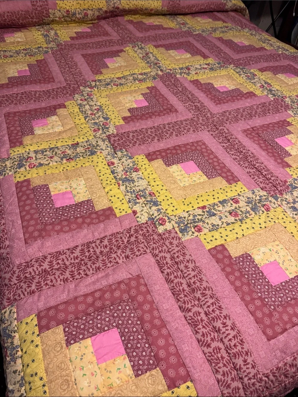 Handmade Pink and Yellow Patchwork Quilt - Home Bedding Queen Size
